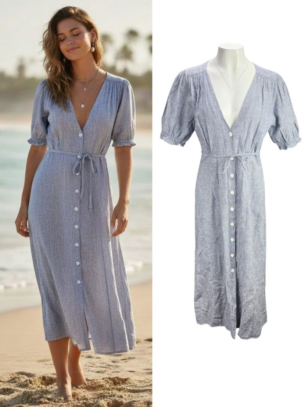 MAGALI PASCAL Linen Houndstooth Belted Short Sleeve Shirt Dress Size Large Navy
